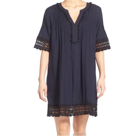 hinge Dresses & Skirts - HINGE Nordstrom Maternity Dress Navy dress Pom Poms, Eyelet sleeves & Hemline Sm